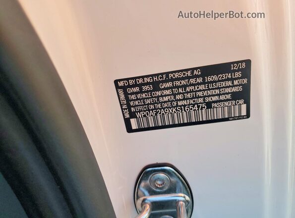 WP0AF2A9XKS165475 2019 PORSCHE 911 White ძრავის განყოფილების ხედი