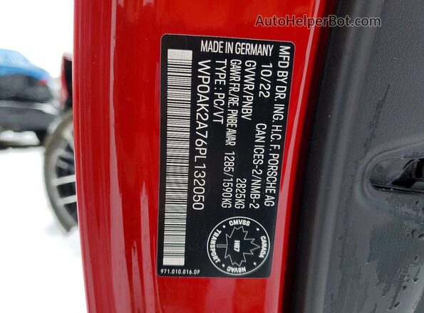 WP0AK2A76PL132050 2023 PORSCHE PANAMERA Красный Вид наклейки с VIN-кодом
