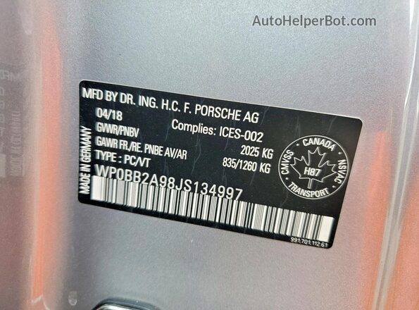 WP0BB2A98JS134997 2018 PORSCHE 911 Silver ძრავის განყოფილების ხედი