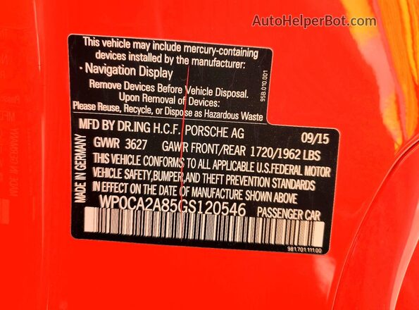 WP0CA2A85GS120546 2016 PORSCHE BOXSTER Red Շարժիչի բաժամունքի տեսք