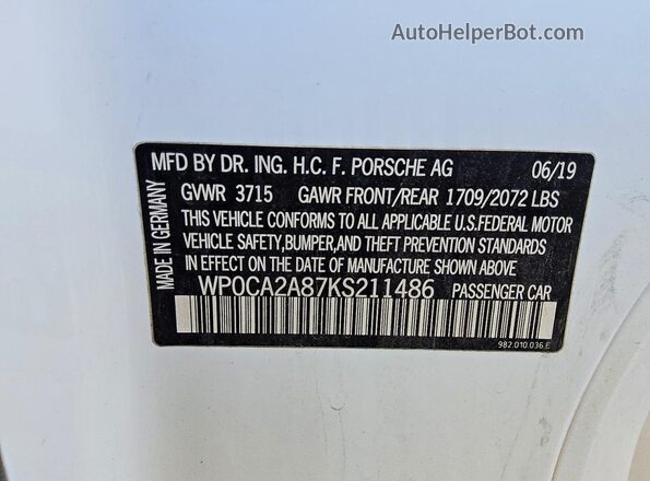WP0CA2A87KS211486 2019 PORSCHE BOXSTER White Շարժիչի բաժամունքի տեսք