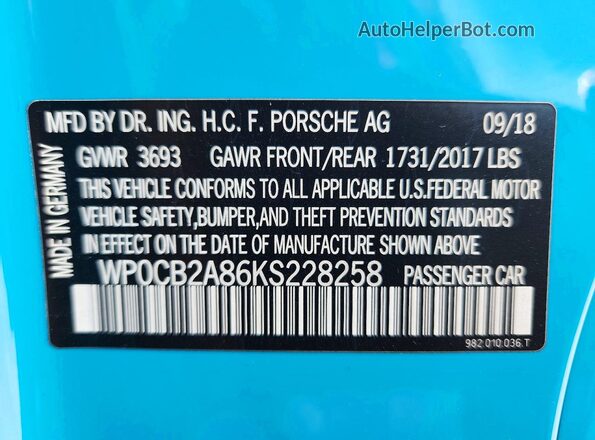 WP0CB2A86KS228258 2019 PORSCHE BOXSTER Blue VIN sticker view