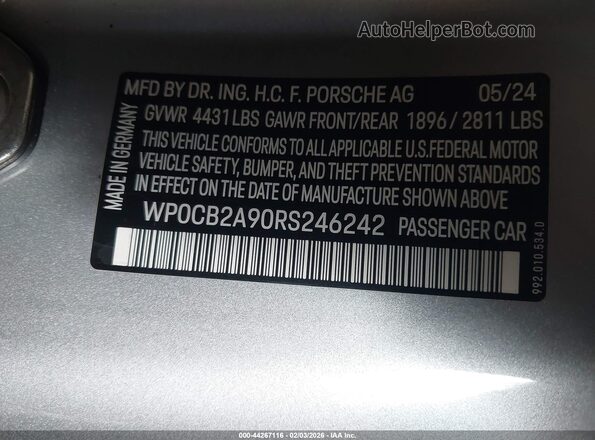 WP0CB2A90RS246242 2024 PORSCHE 911 Silver Вид підкапотного простору
