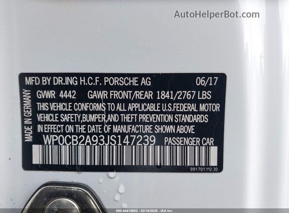 WP0CB2A93JS147239 2018 PORSCHE 911 White Շարժիչի բաժամունքի տեսք