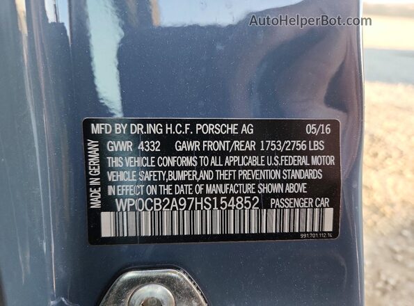 WP0CB2A97HS154852 2017 PORSCHE 911 Gray VIN կոդի պիտակի տեսք