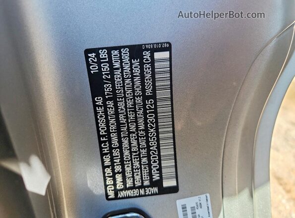 WP0CD2A85SK230125 2025 PORSCHE BOXSTER Silver VIN sticker view