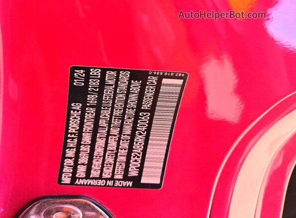 WP0CE2A85RK240063 2024 PORSCHE BOXSTER Purple Vista de la etiqueta del VIN
