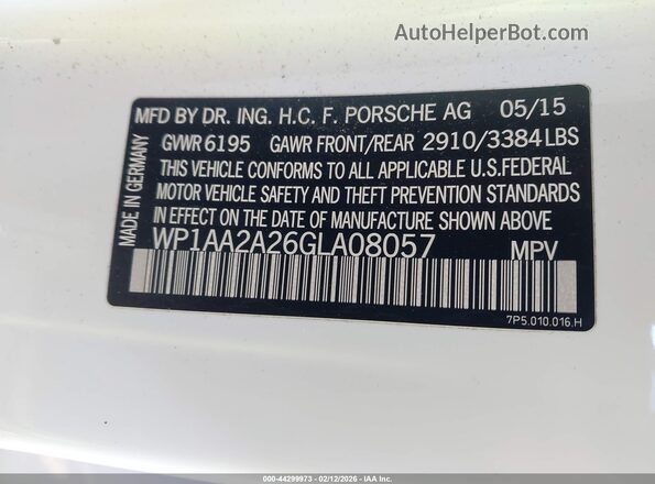 WP1AA2A26GLA08057 2016 PORSCHE CAYENNE White Widok komory silnika