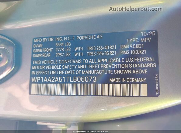 WP1AA2A51TLB05073 2026 PORSCHE MACAN Gray Շարժիչի բաժամունքի տեսք