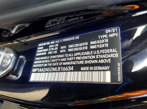 WP1AA2A52MLB16634 2021 PORSCHE MACAN Black VIN կոդի պիտակի տեսք