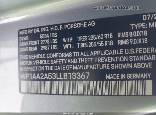 WP1AA2A53LLB13367 2020 PORSCHE MACAN Серебряный Вид подкапотного пространства