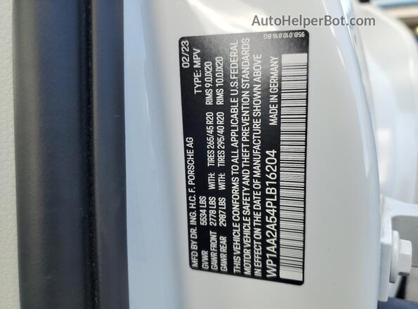 WP1AA2A54PLB16204 2023 PORSCHE MACAN White VIN կոդի պիտակի տեսք