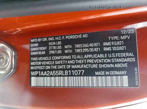 WP1AA2A55RLB11077 2024 PORSCHE MACAN Orange Вид наклейки з VIN-кодом