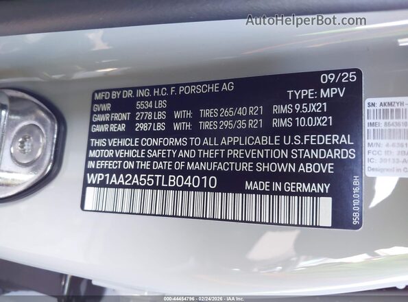 WP1AA2A55TLB04010 2026 PORSCHE MACAN White Вид підкапотного простору