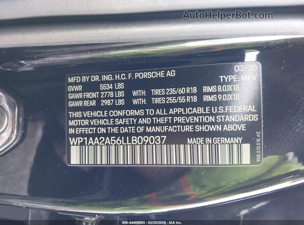 WP1AA2A56LLB09037 2020 PORSCHE MACAN Black ძრავის განყოფილების ხედი