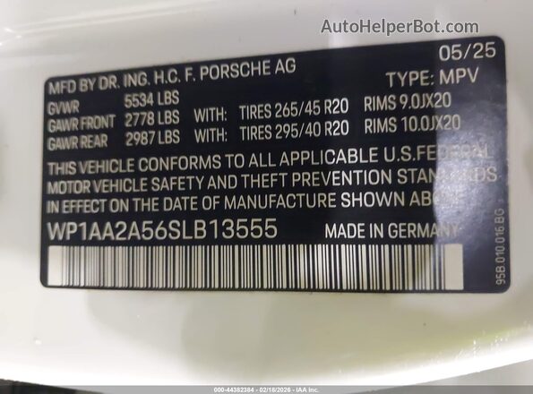 WP1AA2A56SLB13555 2025 PORSCHE MACAN White ძრავის განყოფილების ხედი
