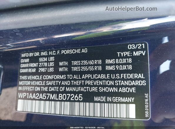 WP1AA2A57MLB07265 2021 PORSCHE MACAN Blue 