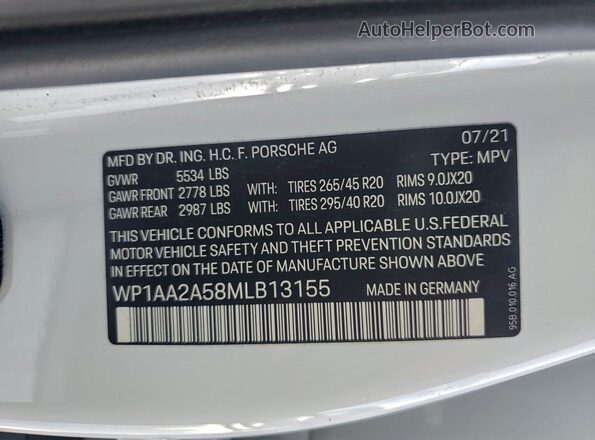 WP1AA2A58MLB13155 2021 PORSCHE MACAN White Շարժիչի բաժամունքի տեսք