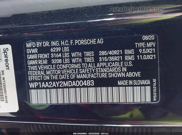 WP1AA2AY2MDA00483 2021 PORSCHE CAYENNE Black ძრავის განყოფილების ხედი