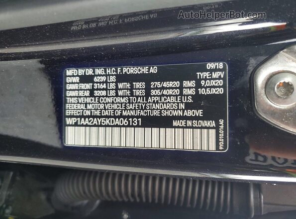WP1AA2AY5KDA06131 2019 PORSCHE CAYENNE Black VIN კოდის სტიკერის ხედი