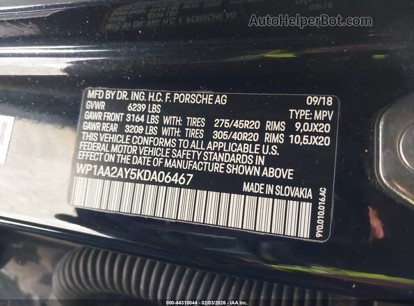WP1AA2AY5KDA06467 2019 PORSCHE CAYENNE Black Vista del compartimento del motor
