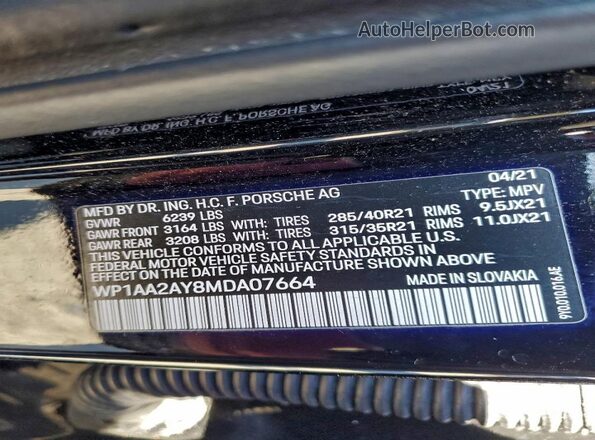 WP1AA2AY8MDA07664 2021 PORSCHE CAYENNE Black VIN sticker view
