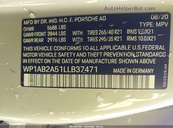 WP1AB2A51LLB37471 2020 PORSCHE MACAN Белый 