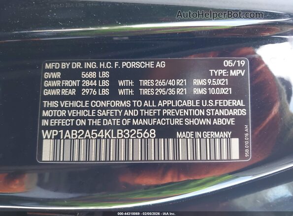 WP1AB2A54KLB32568 2019 PORSCHE MACAN Черный Вид подкапотного пространства