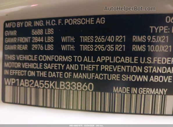 WP1AB2A55KLB33860 2019 PORSCHE MACAN Белый Вид подкапотного пространства