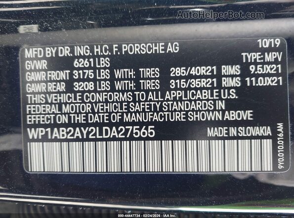 WP1AB2AY2LDA27565 2020 PORSCHE CAYENNE Black ძრავის განყოფილების ხედი