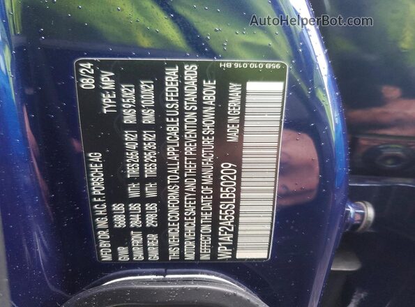 WP1AF2A55SLB50209 2025 PORSCHE MACAN Blue VIN კოდის სტიკერის ხედი