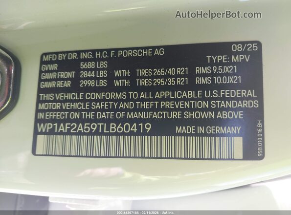 WP1AF2A59TLB60419 2026 PORSCHE MACAN White Widok komory silnika