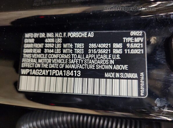 WP1AG2AY1PDA18413 2023 PORSCHE CAYENNE Black VIN կոդի պիտակի տեսք