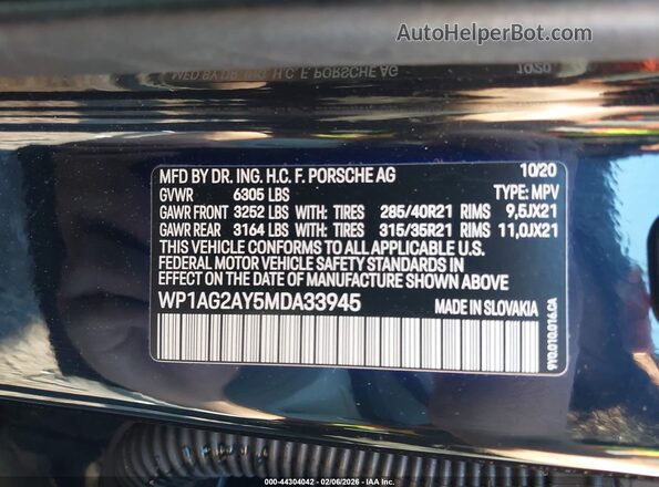 WP1AG2AY5MDA33945 2021 PORSCHE CAYENNE Black Вид підкапотного простору