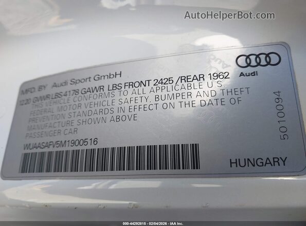 WUAASAFV5M1900516 2021 AUDI TT White Vista del compartimento del motor