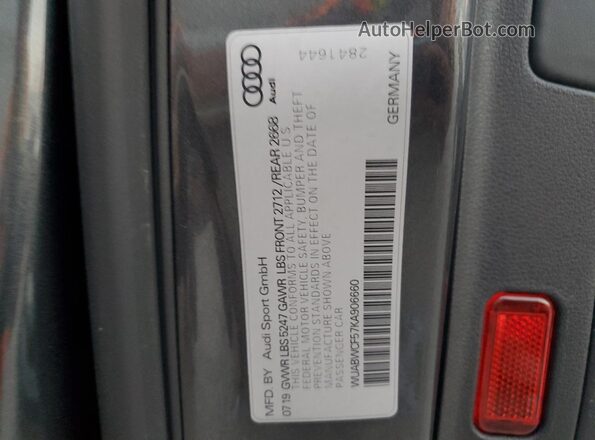WUABWCF57KA906660 2019 AUDI RS5 Gray VIN կոդի պիտակի տեսք