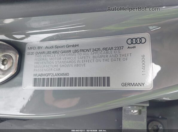 WUABWGFF2LA904560 2020 AUDI RS3 Gray Engine compartment view