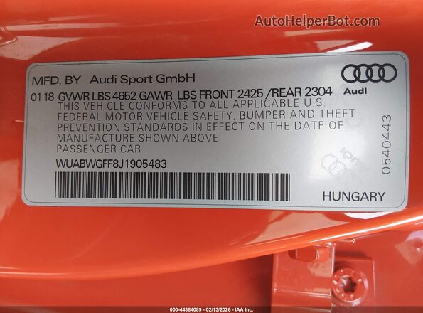 WUABWGFF8J1905483 2018 AUDI RS3 Red Vista del compartimento del motor
