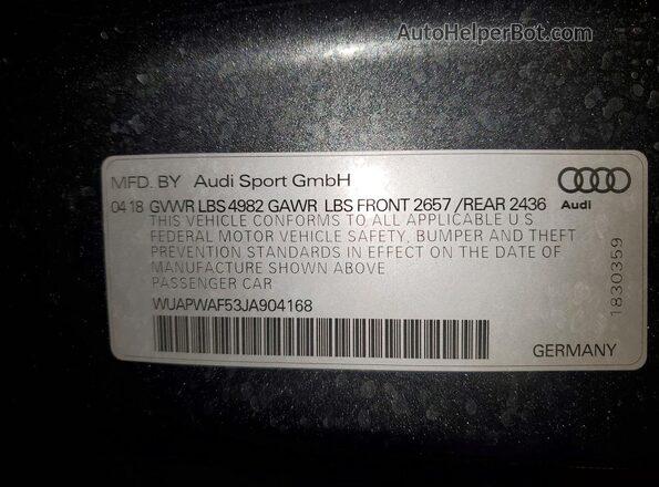 WUAPWAF53JA904168 2018 AUDI RS5 Gray VIN sticker view