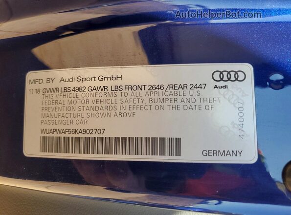 WUAPWAF56KA902707 2019 AUDI RS5 Blue Widok komory silnika