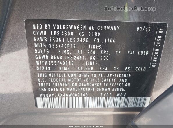 WVGAV7AX4GW087348 2016 VOLKSWAGEN TIGUAN Gray Engine compartment view
