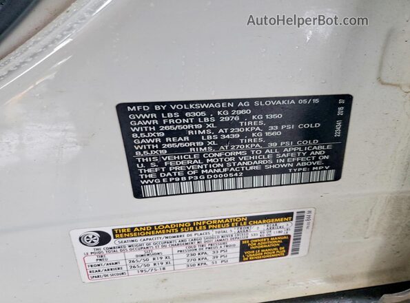 WVGEP9BP3GD000542 2016 VOLKSWAGEN TOUAREG White ძრავის განყოფილების ხედი