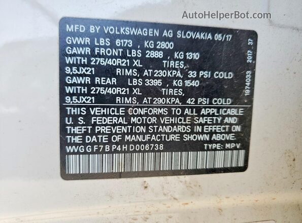 WVGGF7BP4HD006738 2017 VOLKSWAGEN TOUAREG White Vista de la etiqueta del VIN