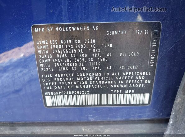 WVGGNPE24MP065252 2021 VOLKSWAGEN ID.4 Blue Vista de la etiqueta del VIN
