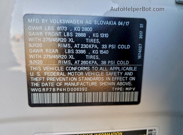 WVGRF7BP4HD006392 2017 VOLKSWAGEN TOUAREG White 