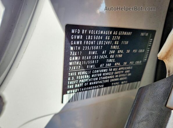 WVGSV7AX4HK009746 2017 VOLKSWAGEN TIGUAN Белый Панорамный вид салона 360°