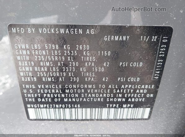 WVGTMPE27NP075146 2022 VOLKSWAGEN ID.4 Gray Vista del compartimento del motor
