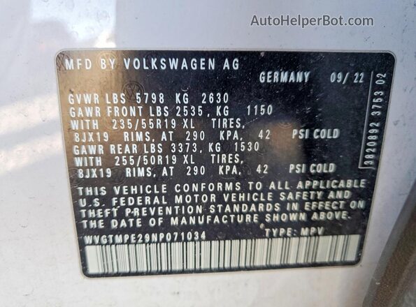 WVGTMPE29NP071034 2022 VOLKSWAGEN ID.4 White VIN sticker view