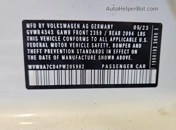 WVW8A7CD4PW205982 2023 VOLKSWAGEN GTI White VIN კოდის სტიკერის ხედი