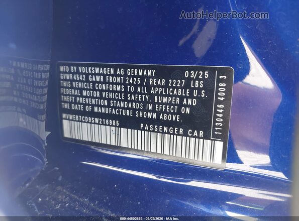 WVWEB7CD9SW216985 2025 VOLKSWAGEN GOLF Blue Շարժիչի բաժամունքի տեսք
